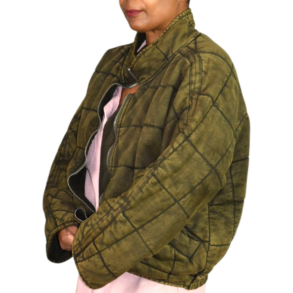 Free People Dolman Quilted Knit Jacket Green Olive Bomber Oversizes Cotton XS - Picture 12 of 16